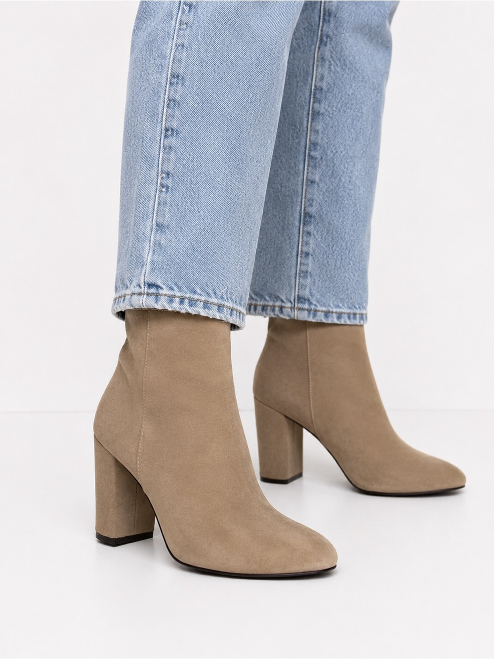 Saks Taupe Suede Block Heel Ankle Boots